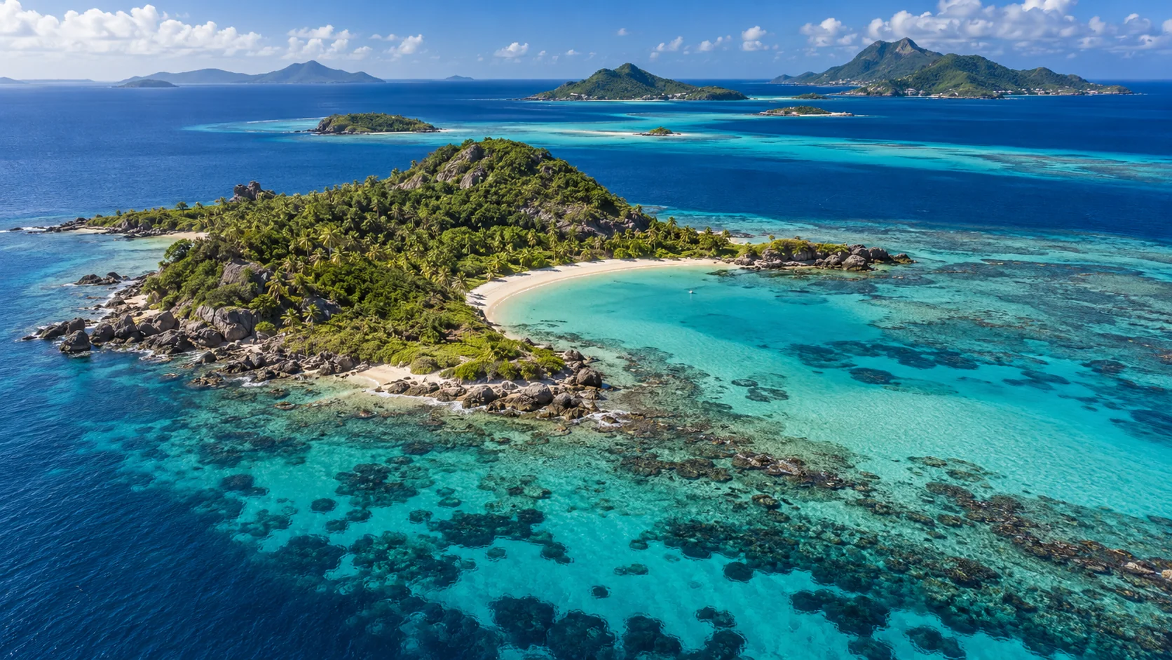 Vue d’ambiance d’un archipel caribéen et de ses lagons