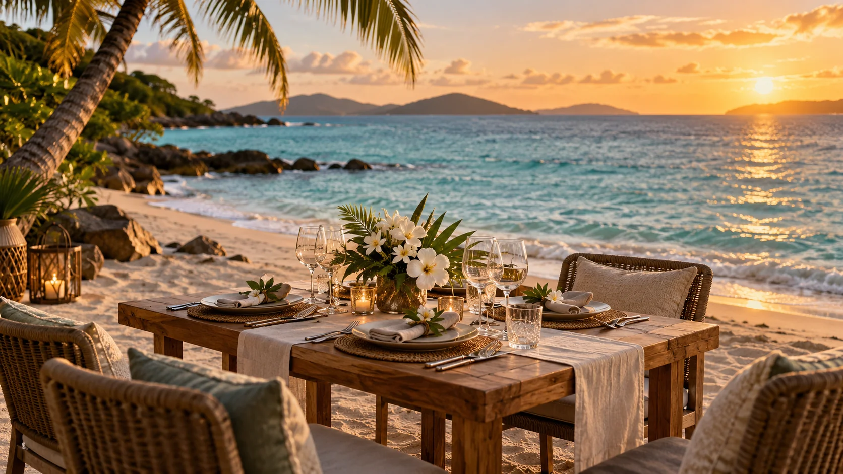 Illustration d’ambiance d’une table dressée près de la mer au coucher du soleil