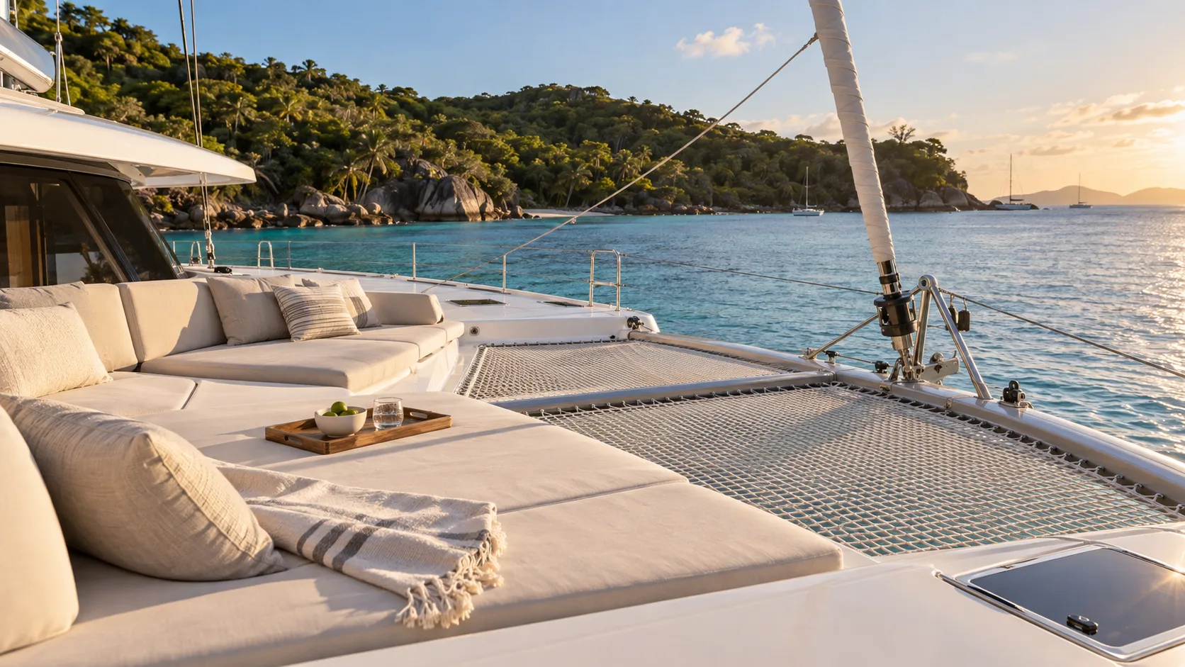 Espace de détente et filets à l’avant d’un catamaran au mouillage
