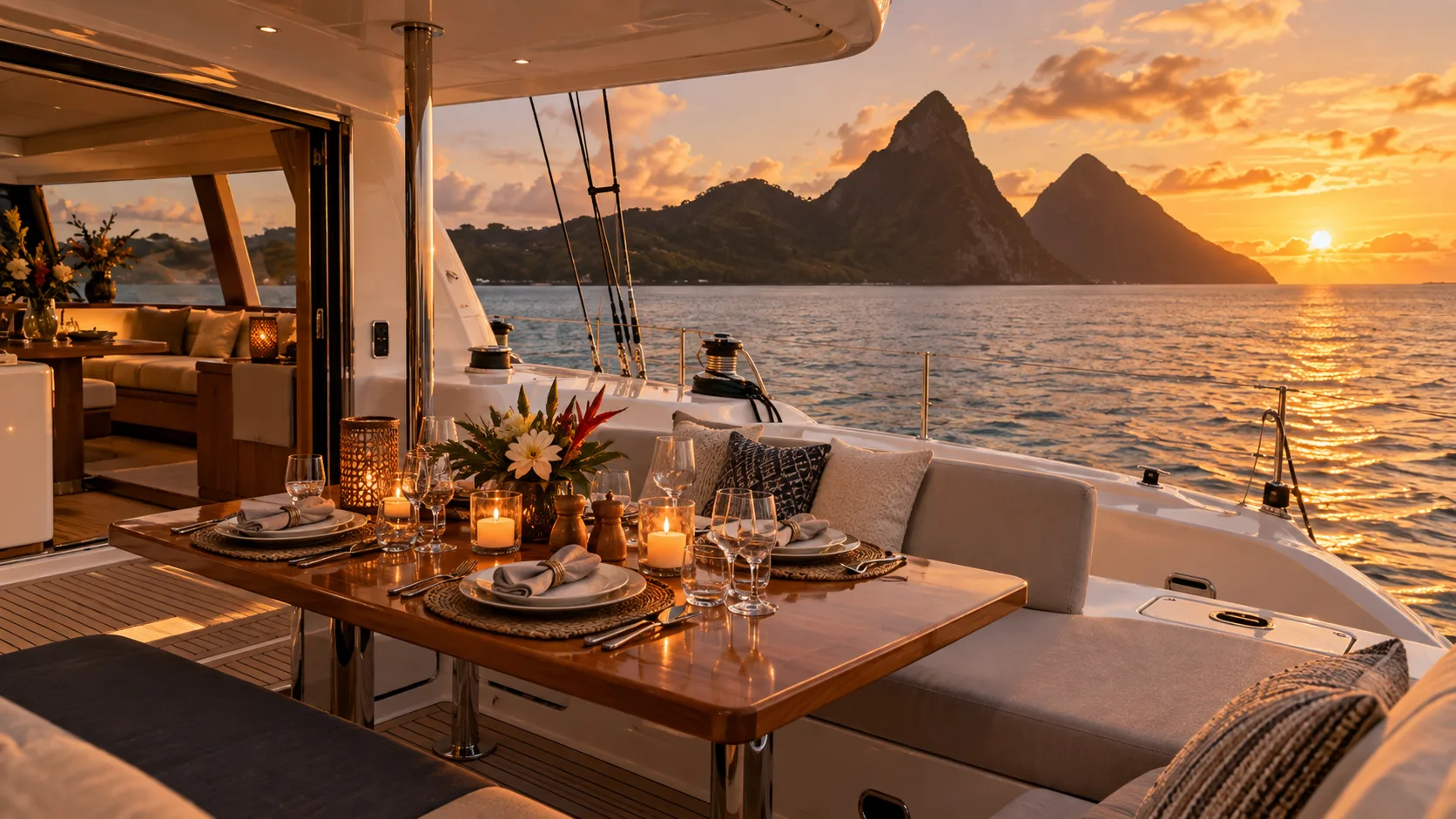 Table dressée sur le pont d’un catamaran au coucher du soleil