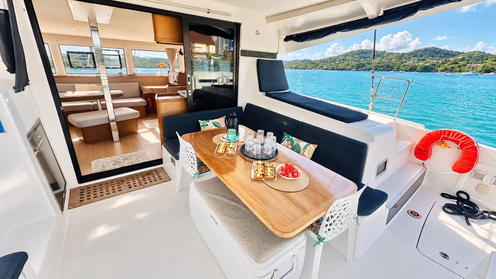 Table du cockpit du Lagoon 42 face à la mer