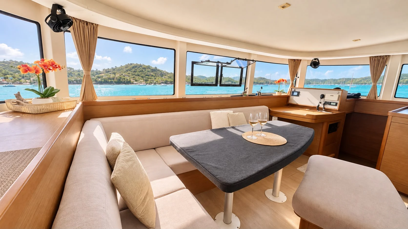 Carré lumineux et espace repas du catamaran Lagoon 42