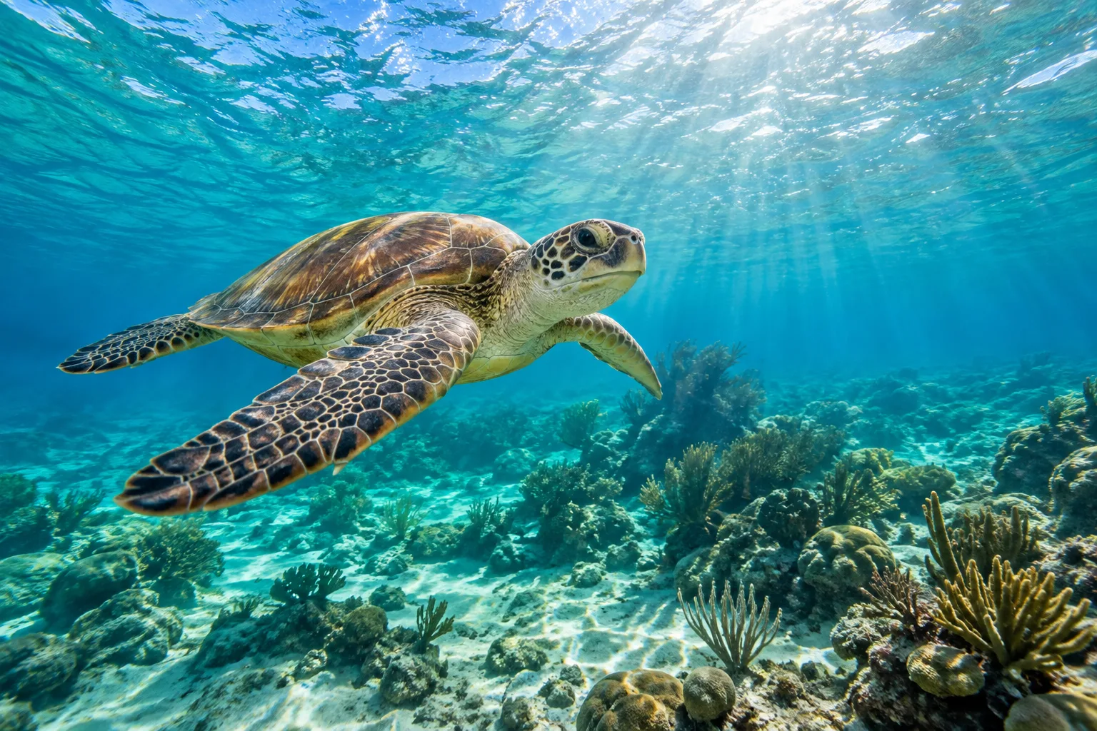 Tortue marine nageant au-dessus d’un récif corallien